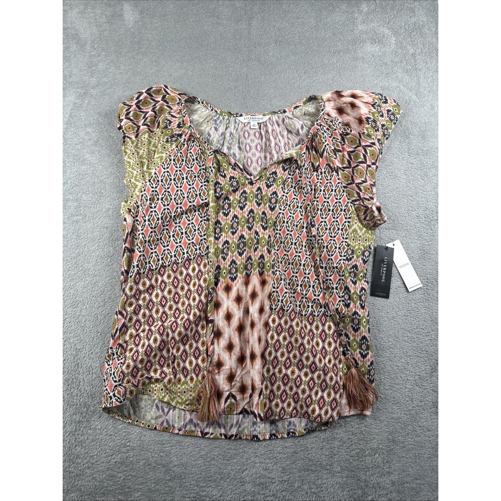 NWT Liverpool Women's Geo Patchwork Flutter Sleeve Top Multicolor Size XS
